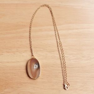 Agate Slice Crystal Oval Brown Stone Gold Tone Statement Bohemian Necklace